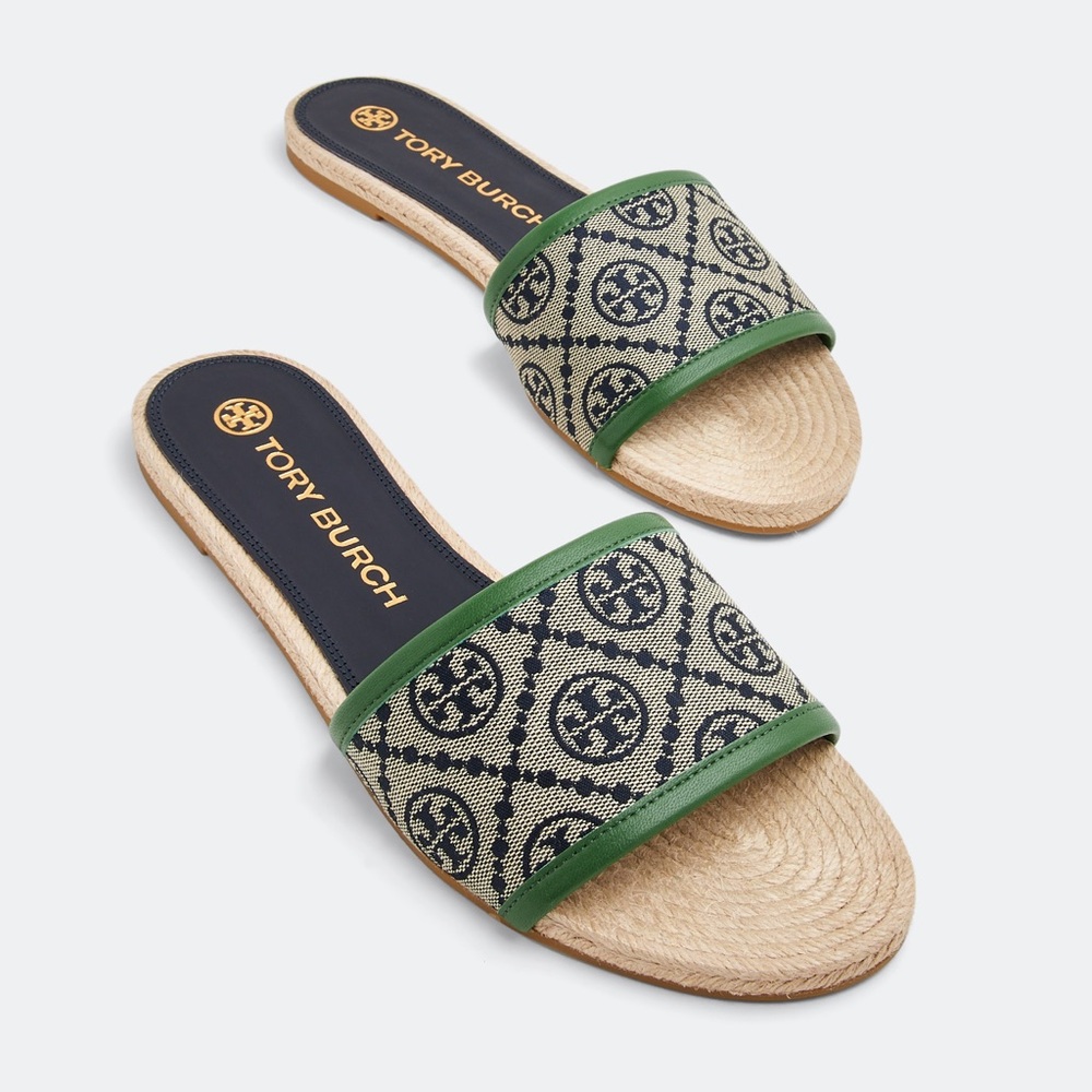 Tory Burch T monogram sandals Green and Beige Women's Slides espadrille size 8.5 - Picture 2 of 13